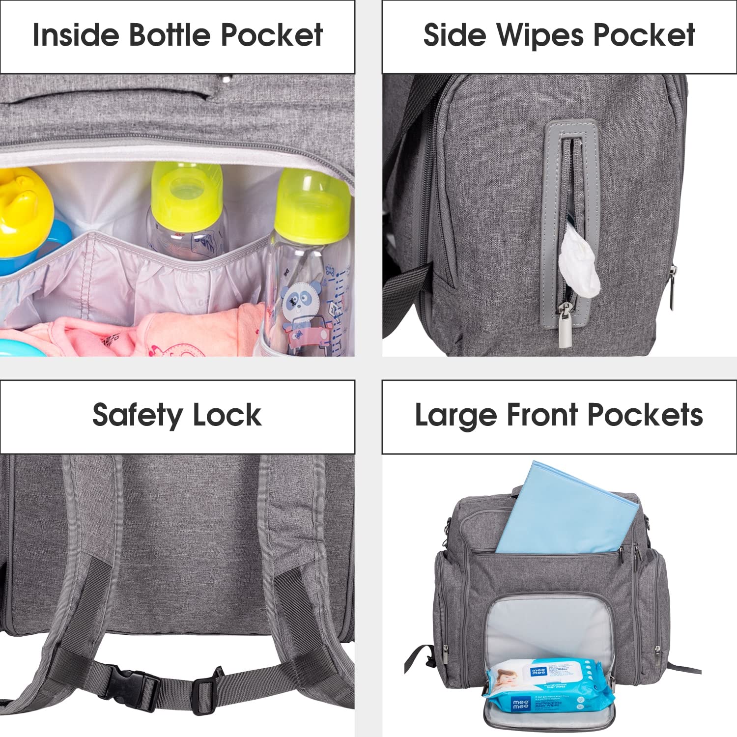 Front view of a blue textured messenger-style diaper bag with various compartments and a Mee Mee brand label. www.usmile.toys